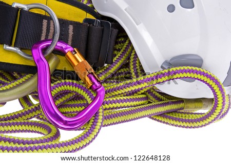 rock climbing equipment including rope, carabiner, helmet and harness