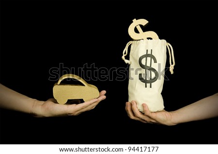 person buying a car with a bag full of dollars, black background