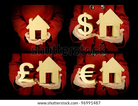 house prices, woman holding gold house and different money currency symbols