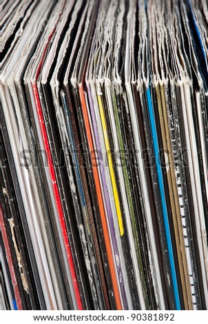 Collection of used vinyl records.