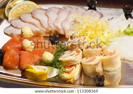 meat and fish on a plate