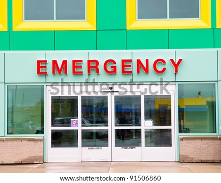 Colorful Emergency Entry/Exit door implying this is image of children\'s hospital.