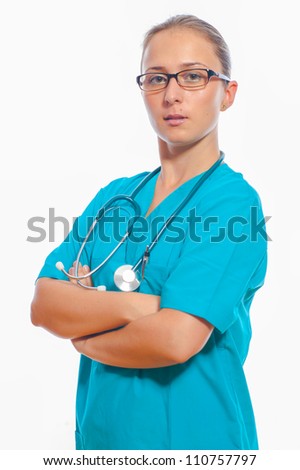Medical person: Nurse / young doctor portrait. Confident young woman medical professional isolated on white background