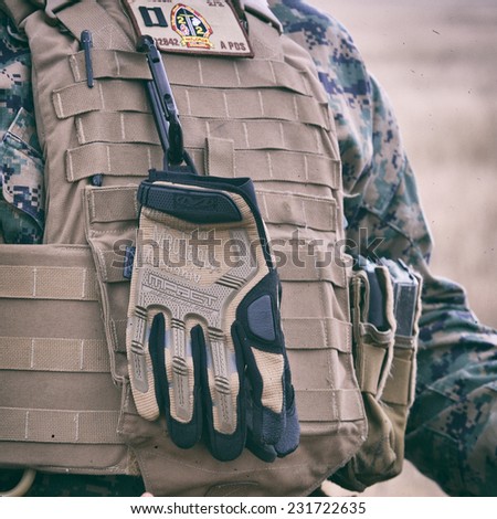 GALATI, ROMANIA - OCTOBER 8: US Marine uniform in the exercise Smardan Danube Express 14 on Galati, Romania, 8 october 2014.