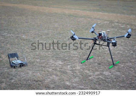 Professional equipment for drive a drone: monitor, tv, remote control