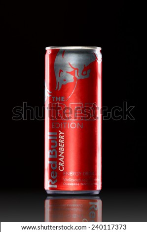 BUCHAREST, ROMANIA - SEPTEMBER 25: Red Bull red in limited edition, sold by Austrian company Red Bull GmbH, created in 1987. Red Bull is the most popular energy drink in the world.
