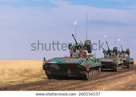 GALATI, ROMANIA - OCTOBER 8: Romanian infantry combat vehicles M84 ''JDER'' in Romanian military polygon in the exercise Smardan Danube Express 14 on Galati, Romania, 8 october 2014.