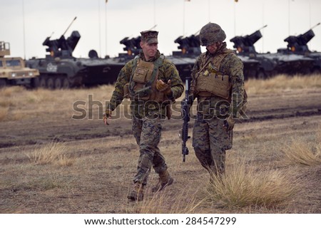 GALATI, ROMANIA - OCTOBER 8: US Marines in Romanian military polygon in the exercise Smardan Danube Express 14 on Galati, Romania, 8 october 2014.