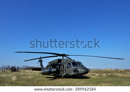 GALATI, ROMANIA - MARTH 24:  BLACK HAWK fighting helicopter in Romanian military polygon in the exercise Smardan Saber Junction 15 on Galati, Romania, 24 march 2014.