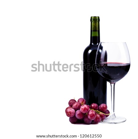 wine glass with red wine, bottle of wine and grapes isolated over white background