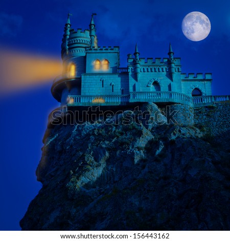 Medieval castle at night. Halloween background. Swallow\'s Nest, The Crimean Peninsula, Ukraine.