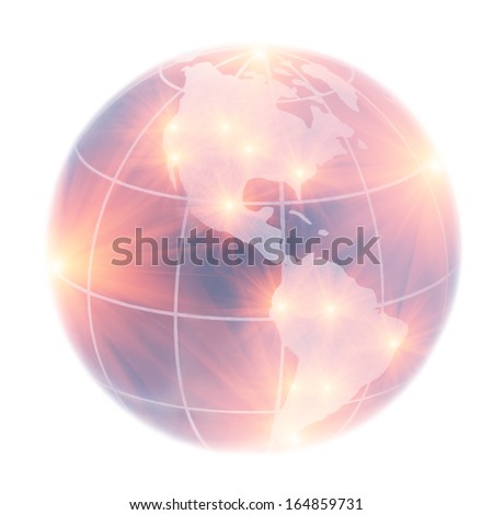 Globe focusing on North America and South America illuminated by lights isolated on white background.