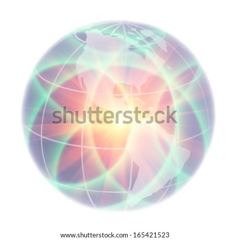 Abstract globe focusing on North America and South America illuminated by lights isolated on white background.