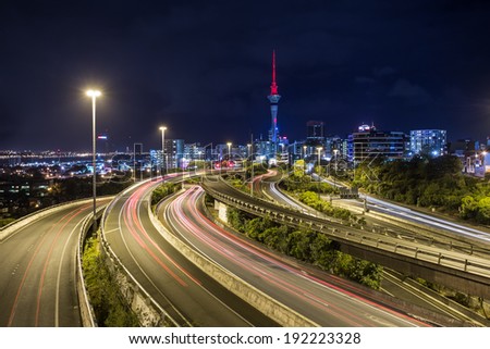 Auckland City and Sky Tower at Night, Auckland, New Zealand