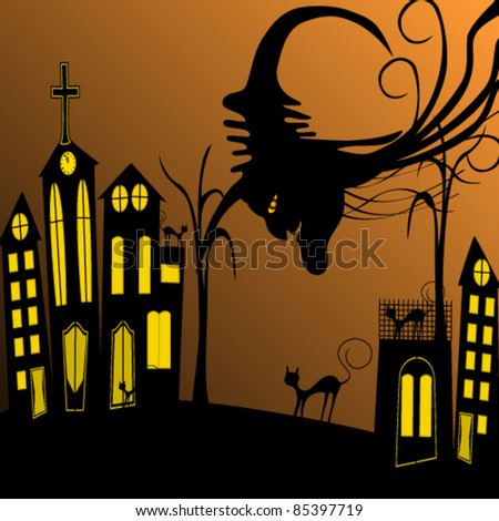 Vector illustration of gothic Halloween city with black cats and witch