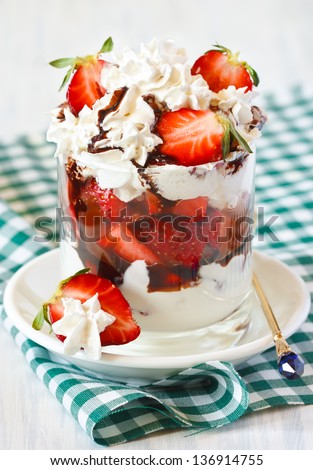 Whipped cream with strawberry and chocolate topping.