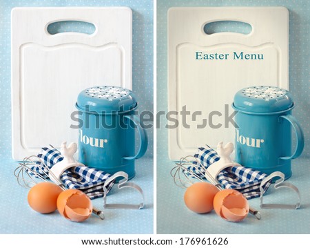 Old white kitchen cutting board with copy-space for writing menu, vintage flour strainer napkin and napkin ring, whisk and eggs. Original and toned photo. Collage.