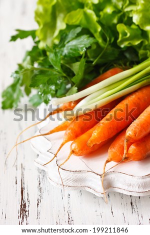 Fresh organic kitchen garden carrots with scallion and parsley on vintage wooden plate close-up.