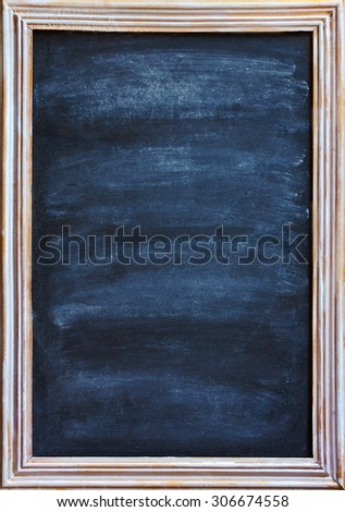 Old blackboard with white chalk and eraser for menu or price.