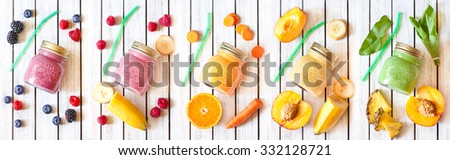 Smoothie banner. Healthy food concept. Fresh smoothies and fresh fruits.
