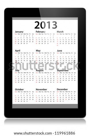 Calendar for 2013 in tablet PC isolated on white background