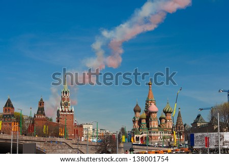 MOSCOW-MAY9:Jets with colored smoke fly overhead during the annual Victory Day parade on May 9,2013 in Moscow.Moscow parade is held to commemorate the 68th anniversary of the capitulation Nazi Germany