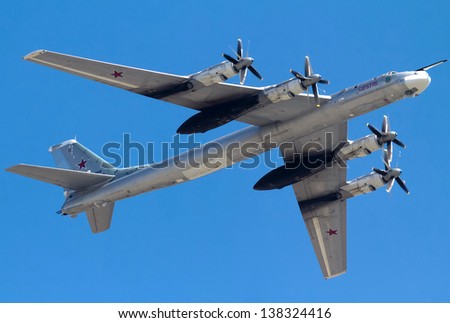 MOSCOW/RUSSIA MAY 9: Tupolev Tu-95 (Bear) large four-engine turboprop-powered strategic bomber and missile platforms on parade devoted to 68th anniversary of Victory Day on May 9, 2013 in Moscow.