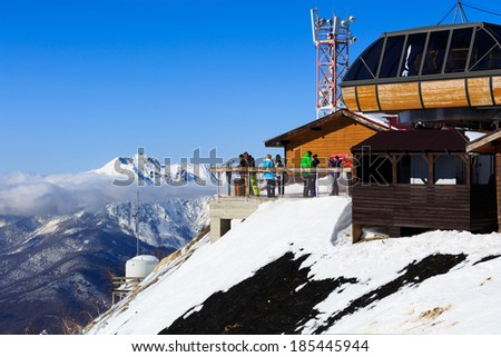 Krasnaya Polyana. Russia - February 04, 2014. An observation deck at the upper station of the ropeway ski resort \