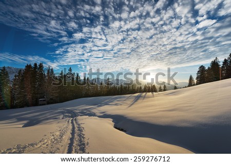 soft light on snow while sunset in austrian landscape