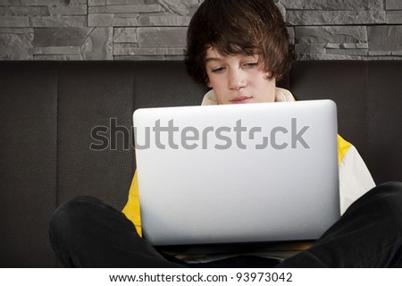 teenager is learning with his mobile computer on his couch and stoned background