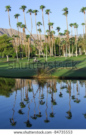 Golf course with palm trees - anonymous golfer driving golf cart, vibrant colors with extra copy space
