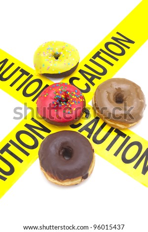 Dietary warning, or high calorie/high, fat junk food warning (Donuts with yellow caution tape)