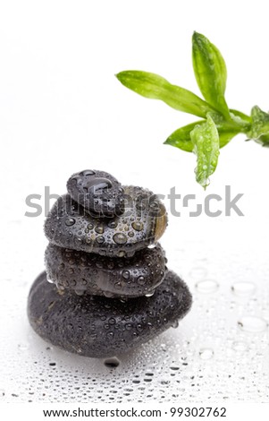 Zen stones with water drops and bamboo plant, spa background