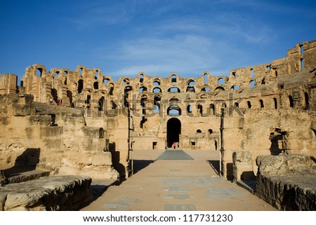 El Djem, Amphitheatre, Roman arena. The entrance to the center of roman biggest amphitheater in africa in El Djam, Tunisia