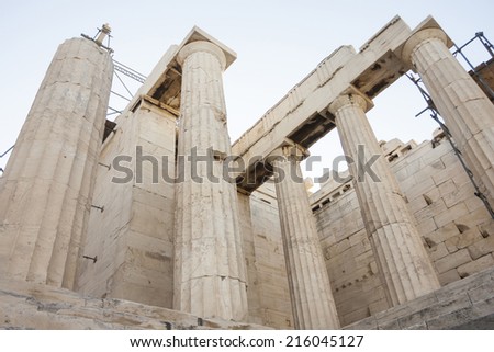 The Temple of Athena Nike on the Acropolis of Athens in Athens, Greece. The Temple is in the process of reconstruction and conservation.