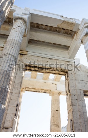 The Temple of Athena Nike on the Acropolis of Athens in Athens, Greece. The Temple is in the process of reconstruction and conservation.