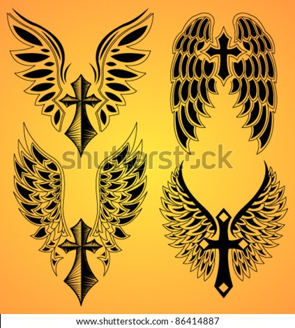 stock vector Vector Set of cross and wings tattoo elements