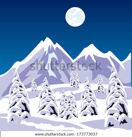 Illustration of the winter landscape amongst snow mountains