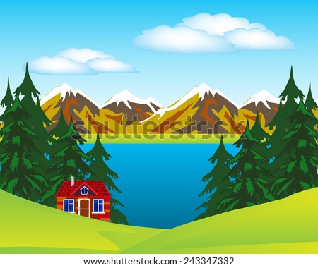 Vector illustration of the year landscape with house beside lake