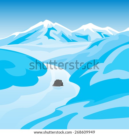 Beautiful winter landscape with mountain and river