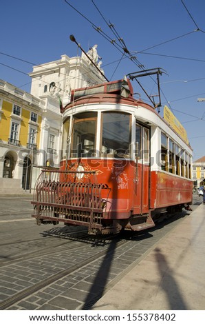 LISBON, PORTUGAL-September 16: Old tram at palace square or Commerce Square in Lisbon Portugal,  September 16, 2013, Lisbon