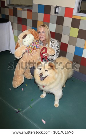 LOS ANGELES, CA - MAY 3: Joan Van Ark, dog Goldie at the grand opening of the Pooch Hotel on May 3, 2012 in Hollywood, Los Angeles, California.