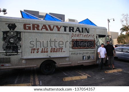 LOS ANGELES -APR 25: Gravy Train Food Truck in Hollywood serving fries and gravy on April 25, 2013 in Los Angeles, California