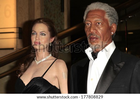 LOS ANGELES - FEB 13: Angelina Jolie, Morgan Freeman, wax figures at the unveiling of new Sandra Bullock wax figure by Madame Tussauds at Hollywood & Highland on February 13, 2014 in Los Angeles, CA.