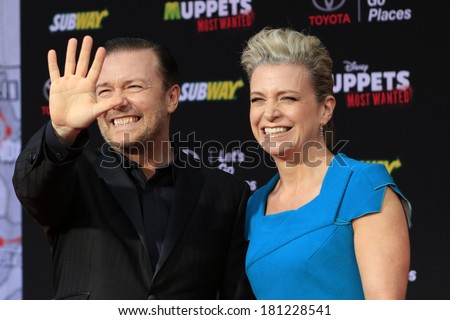 LOS ANGELES - MAR 11:  Ricky Gervais, Jane Fallon at the premiere of Disney\'s \'Muppets Most Wanted\' at the El Capitan Theater on March 11, 2014 in Los Angeles, California