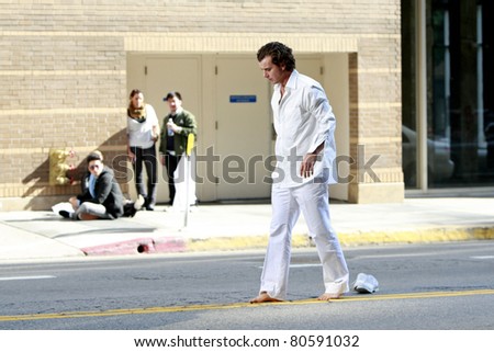 LOS ANGELES - MAR 7: Gavin Rossdale films scenes for his music video 'For Ever On The Run' in downtown Los Angeles, California on March 07, 2009