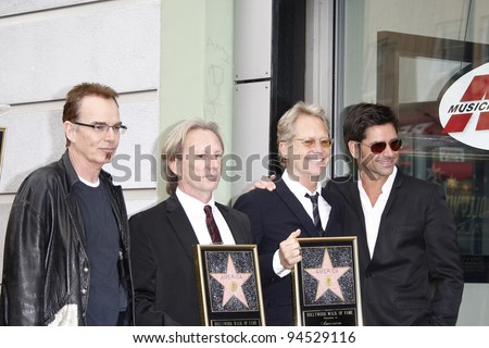 LOS ANGELES - FEB 6: Billy Bob Thornton; Gerry Beckley; Dewey Bunnell; John Stamos at a ceremony where their rock band \'America\' in honored with a star on the Hollywood Walk of Fame in Los Angeles, CA. Feb 6, 2012