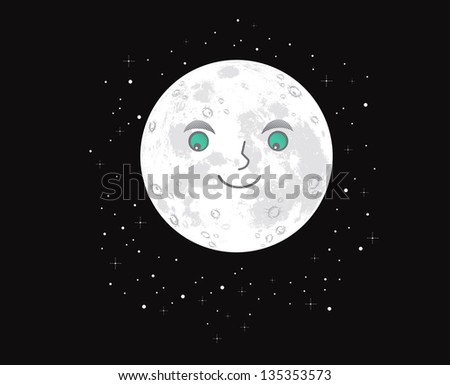 A happy face on a moon with glowing green eyes and stars.