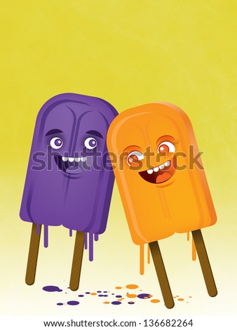A frozen treat friendship duo on a hot day dripping on yellow background.
