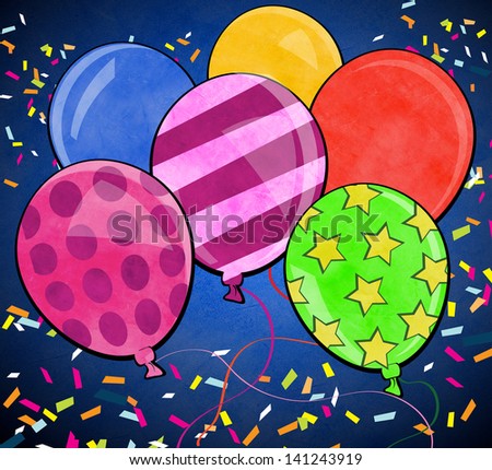 A collections of Birthday party balloons and confetti on dark blue background.